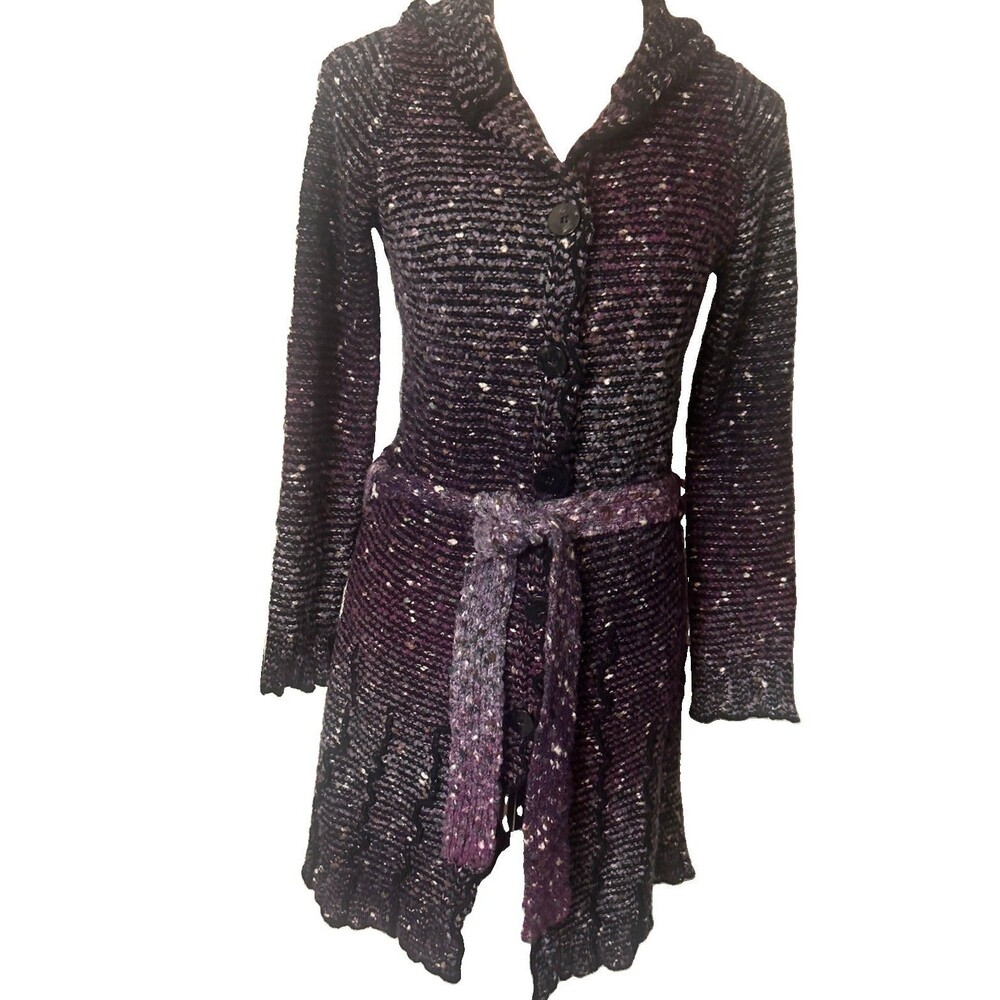 BCBG Maxazria Hoodie Duster Cardigan Sz S Knit Button Belted Fairy Grunge Y2K
